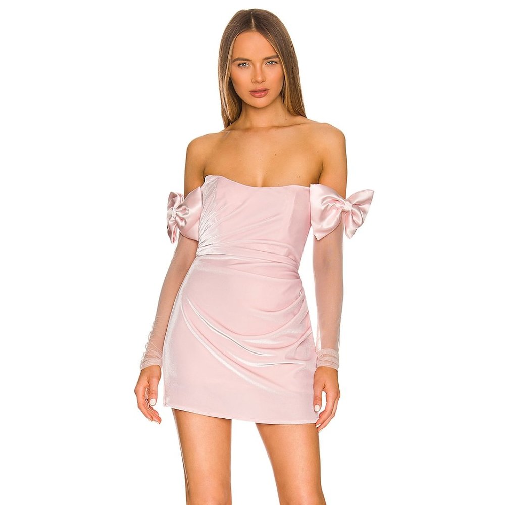 The Bar Blush Pink Off-Shoulder Mini Dress with Bow Sleeves